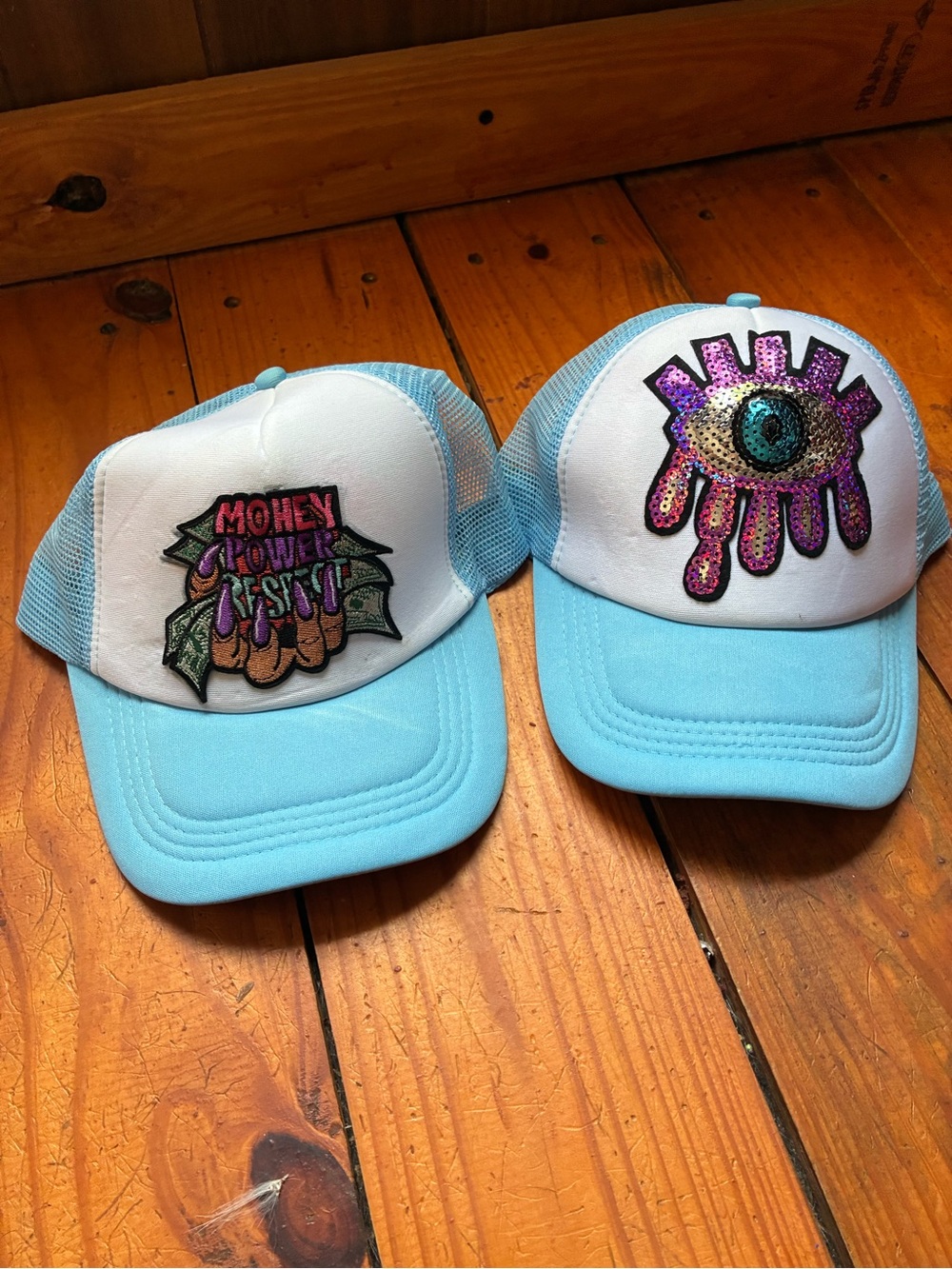 Light Blue Trucker Hats with Sequin Eye or Money Power Patch New